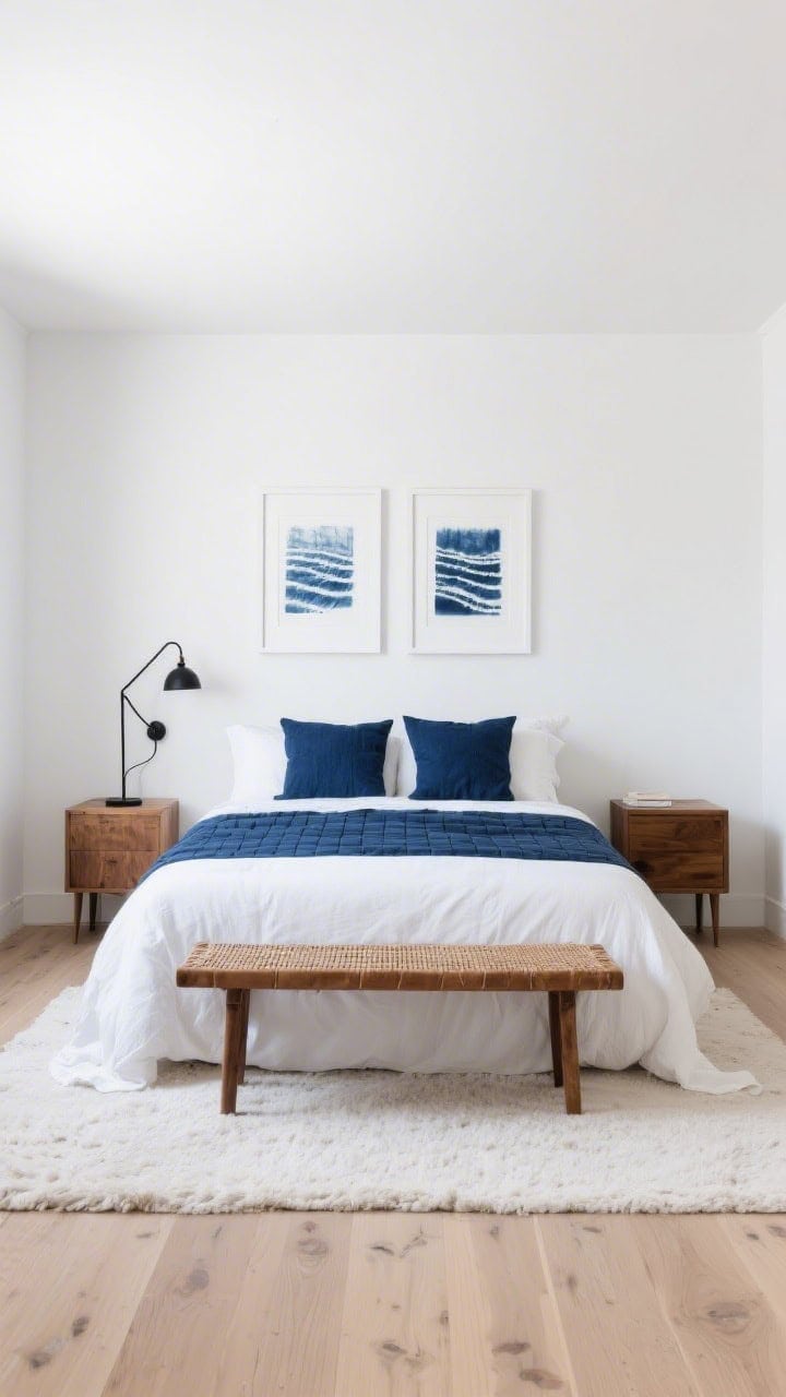Straight-on wide shot with white walls and pale oak floors: tailored white duvet topped with a deep indigo quilt at the foot and two oversized indigo linen shams; teak nightstands with a slim black metal reading sconce mounted above; an ivory low-pile rug; woven leather bench at the bed’s foot; minimal art—two indigo-dyed shibori prints in white frames; crisp, tide-washed mood.