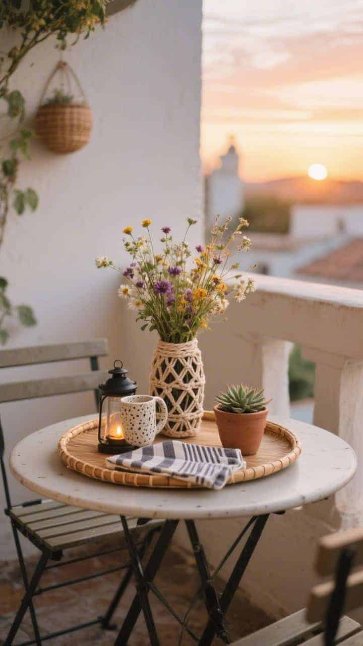 Wide, corner-angle balcony bistro setup: a round bamboo tray on a small outdoor bistro table, styled with a macramé-wrapped vase of wildflowers, a speckled ceramic mug, and a mini lantern with a battery tea light; a striped outdoor napkin and a tiny succulent in a clay cup complete the scene; warm sunset glow, boho retreat mood.