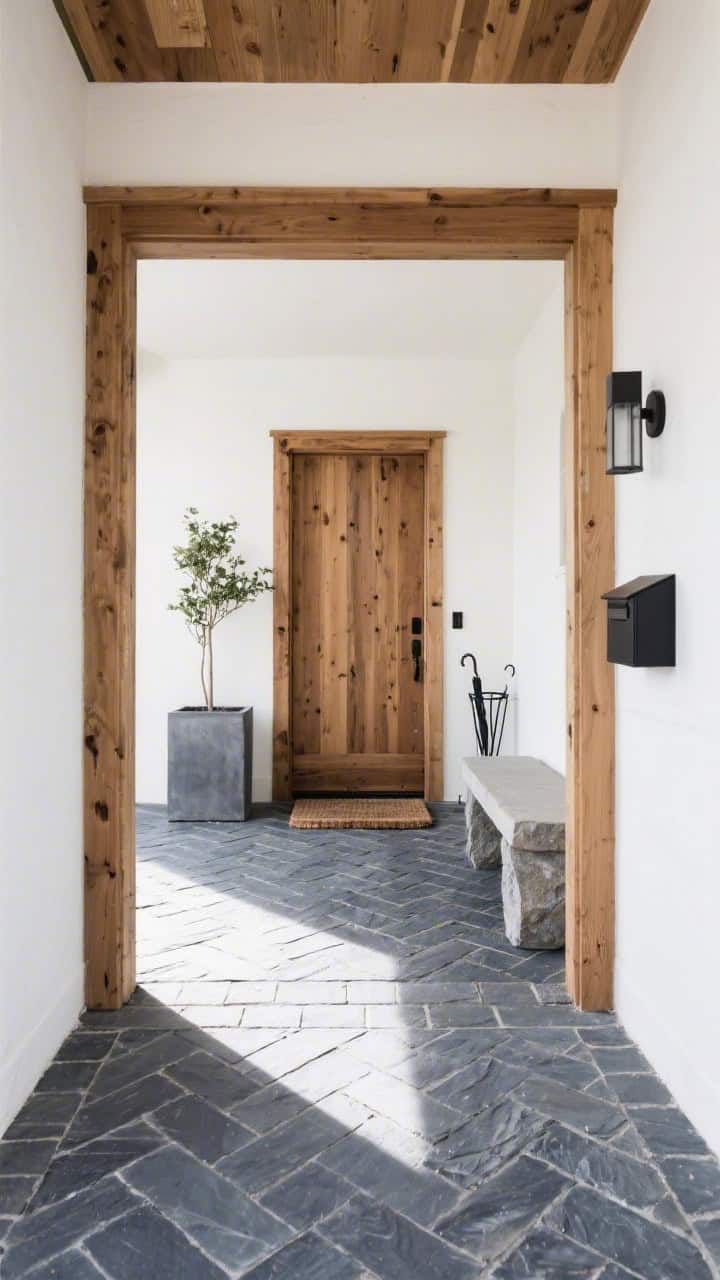 Modern entry threshold with slate herringbone floor and cedar portal.