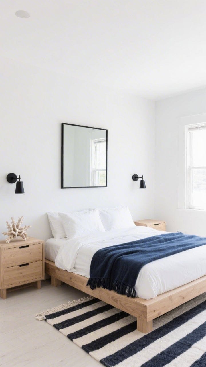 Wide modern coastal bedroom with definition: white walls, sleek oak platform bed, crisp white duvet; matte black accents including black metal sconces, slim black-framed mirror, and black hardware on pale wood dressers; a single sculptural coral fragment on the nightstand; striped rug in ivory and charcoal; a navy throw for coastal nod; bright natural light, minimal styling.