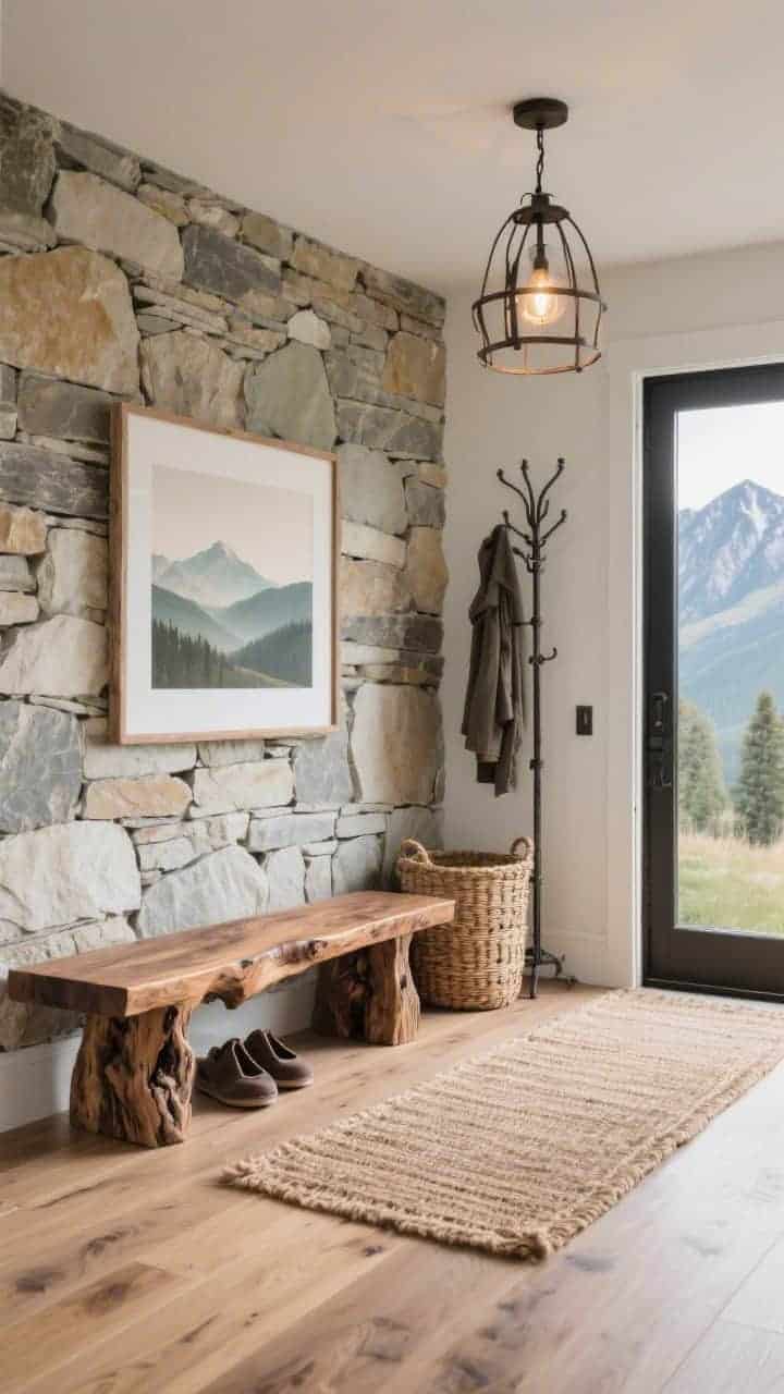Mountain modern entryway with stacked limestone wall and walnut bench.
