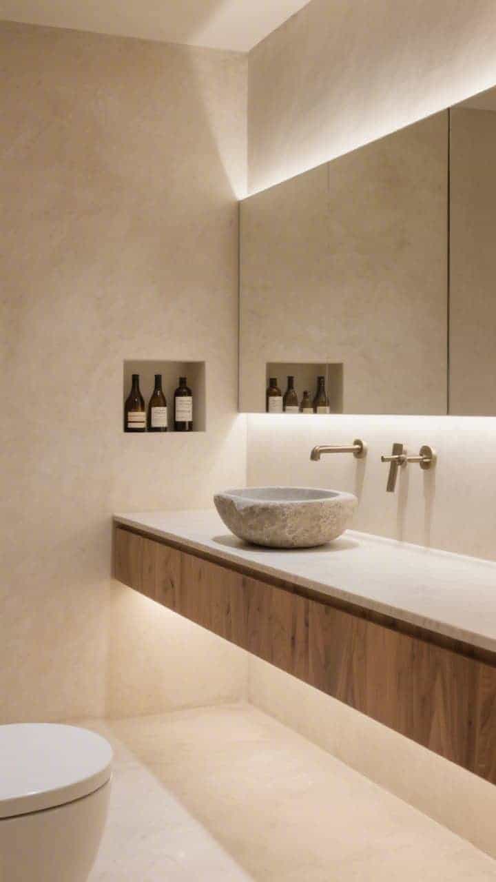 Wide shot: A serene minimal bathroom with warm beige microcement walls and a single wall-to-wall niche holding neatly arranged bottles; a long floating oak vanity with an ultra-thin stone countertop supports a sculptural stone vessel sink; a frameless backlit mirror glows softly; brushed nickel faucet and minimalist bar pulls; warm 2700K LED strip light under the vanity creates a floating effect; palette of sand, oatmeal, and soft white; no clutter, photorealistic.