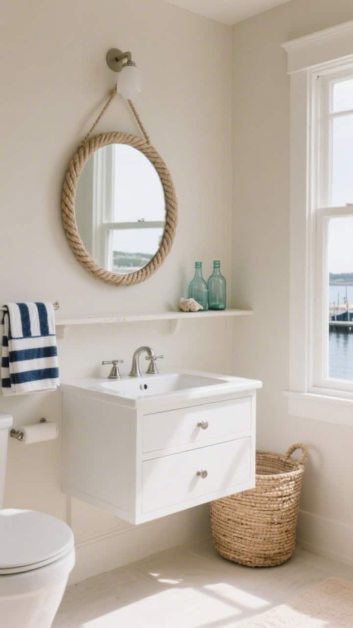 Wide shot, coastal minimalist bath: soft beige walls, matte white vanity with brushed nickel hardware; navy-and-cream striped towels on a bar, rope-framed round mirror centered above the sink; sea glass bottles on a simple shelf, woven hamper near the vanity; breezy, morning-by-the-harbor atmosphere with cool natural light; sand, navy, and white palette.