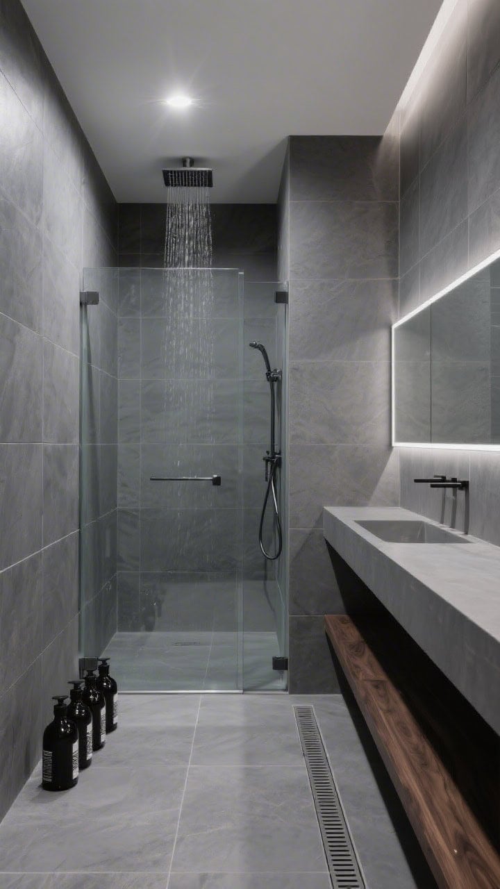 Wide shot: Graphite and glass wet room fully tiled in graphite porcelain on floor and walls; flush ceiling-mounted rain head; a single full-height clear glass pane zones the shower; the vanity is a thin floating dark-stained oak shelf with an integrated solid-surface trough; recessed linear light over the mirror creates gallery-like illumination; linear drain at the wall for a seamless floor field; black-labeled bottles aligned neatly; crisp, photorealistic.