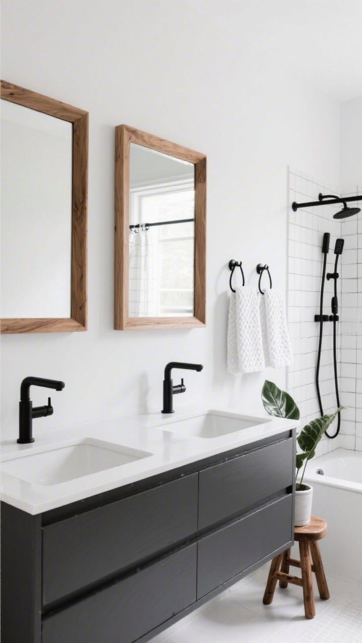 Wide shot, modern black-and-white bathroom with matte white walls and a charcoal-painted vanity; warm oak-framed mirror above, thin black metal hardware and faucet, grid-style white-and-black shower curtain, white waffle towels on black hooks; small wood stool with a leafy plant adds texture; crisp, photorealistic lighting with soft natural daylight for a clean, graphic look.