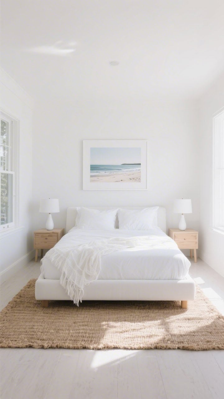 Wide, sunlit minimalist bedroom in an all-white palette: a low-profile white upholstered platform bed with crisp white percale sheets and an airy white gauze throw, flanked by bleached wood nightstands with slim white ceramic lamps; a chunky woven jute rug on pale floors; a single wide white-framed coastal print above the bed; soft natural daylight pouring in, clean lines, serene beach-bungalow calm, no clutter, photorealistic.