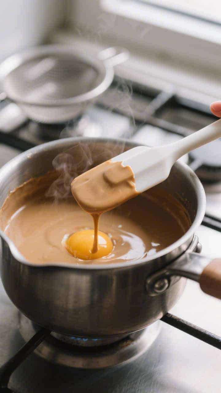 Cooking process: Silky coffee custard coating the back of a silicone spatula in a stainless saucepan