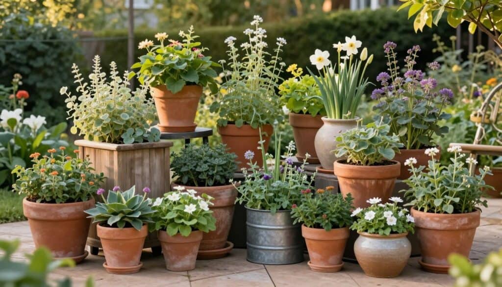 Beautifully styled cottage garden corner showing cohesive mix of different planters and containers