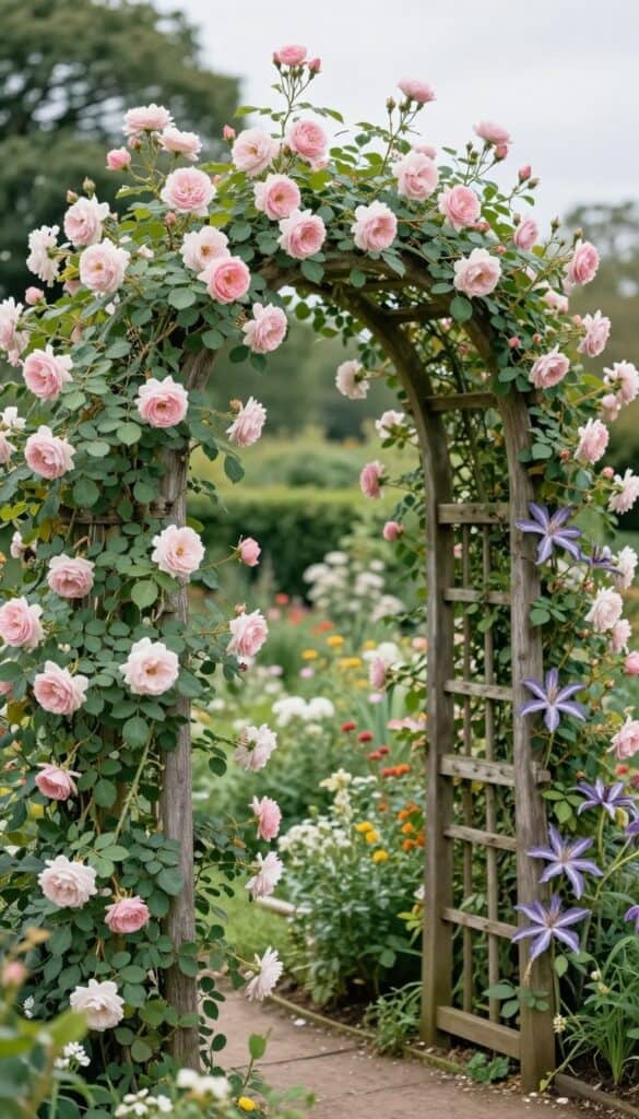 Climbing roses and clematis growing over garden arch in cottagecore style
