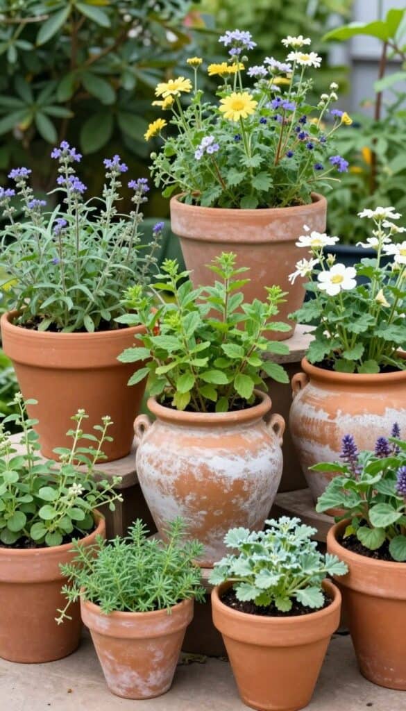 Clustered terracotta pots with herbs and flowers in cottage garden setting
