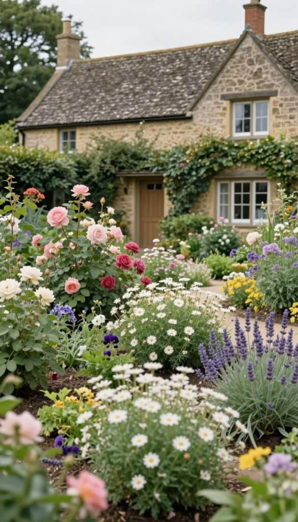Cottage style front garden with soft layered flowers