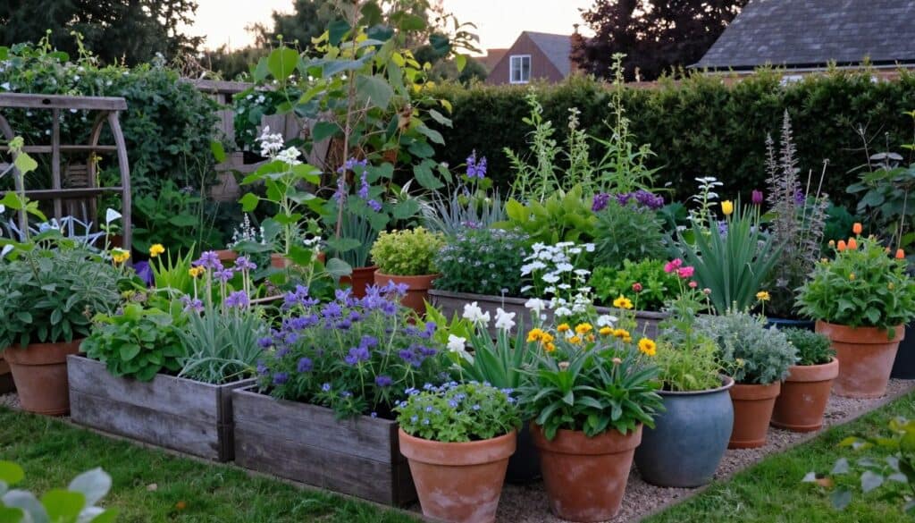Established cottage garden with beautiful mix of pots and planters creating layered charm