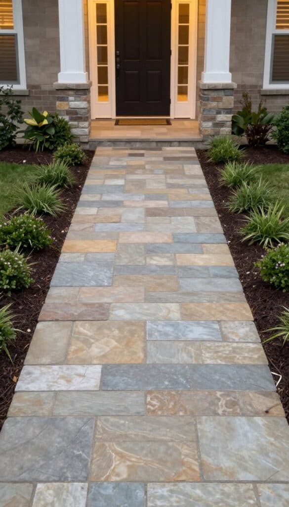 Stone walkway leading to a front entrance with textured landscaping
