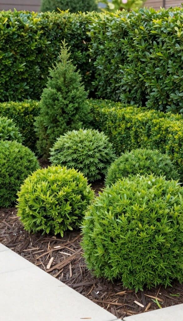 Front yard with evergreen shrubs creating year round structure