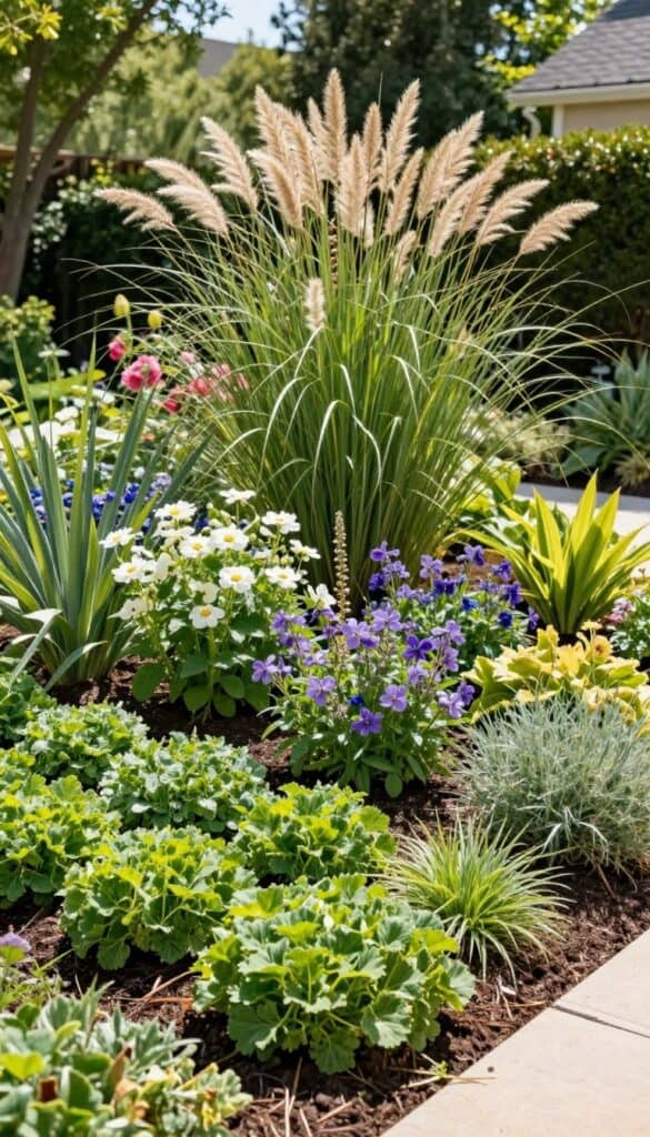 Layered front yard planting with varied heights creating depth and softness