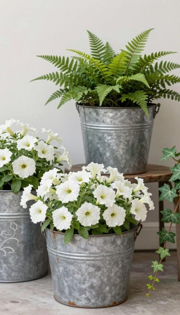 Galvanised metal planters with aged patina filled with white and green cottage garden plants