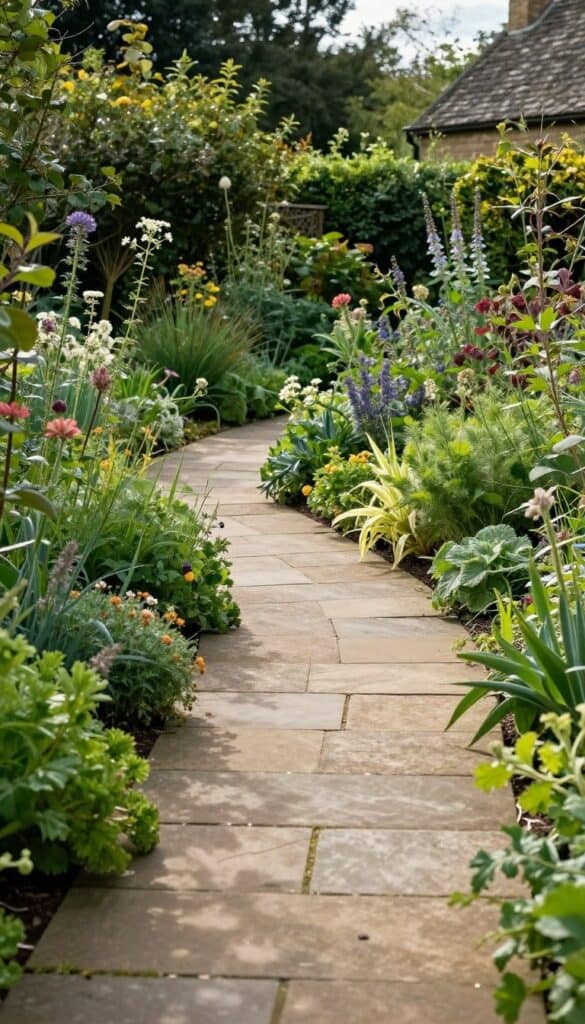 Gently winding garden path through cottage planting