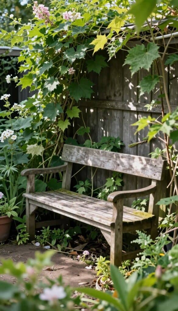 Hidden garden bench surrounded by lush cottage garden plants creating private retreat