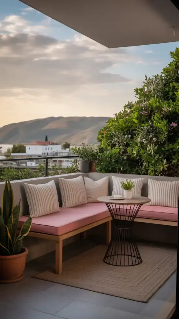 corner bench paired with small table creating compact functional balcony setup