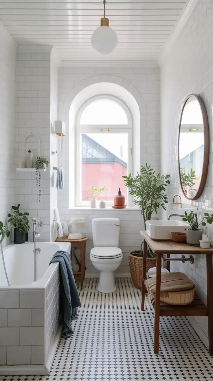 Scandinavian bathroom with all white walls tiles and ceiling creating bright airy atmosphere