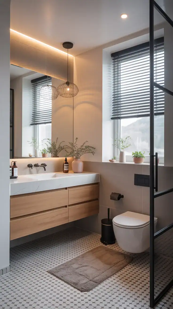 Scandinavian bathroom with floating vanity and wall mounted toilet creating open floor space