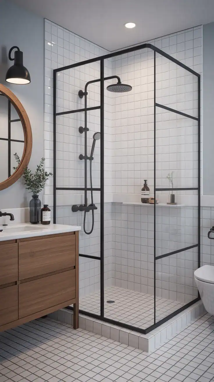 Scandinavian bathroom ideas with frameless clear glass shower enclosure and white tiles