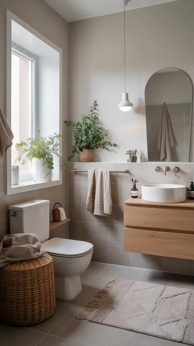 Scandinavian bathroom with soft layered neutrals including white beige and light gray tones
