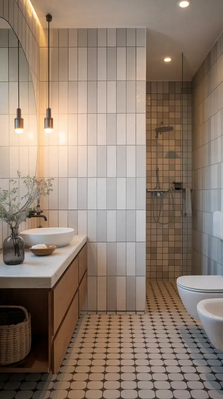 Scandinavian bathroom design with large format white tiles and minimal grout lines