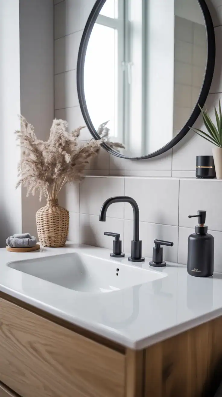 Scandinavian bathroom ideas with minimal matte black faucet and hardware against white surfaces