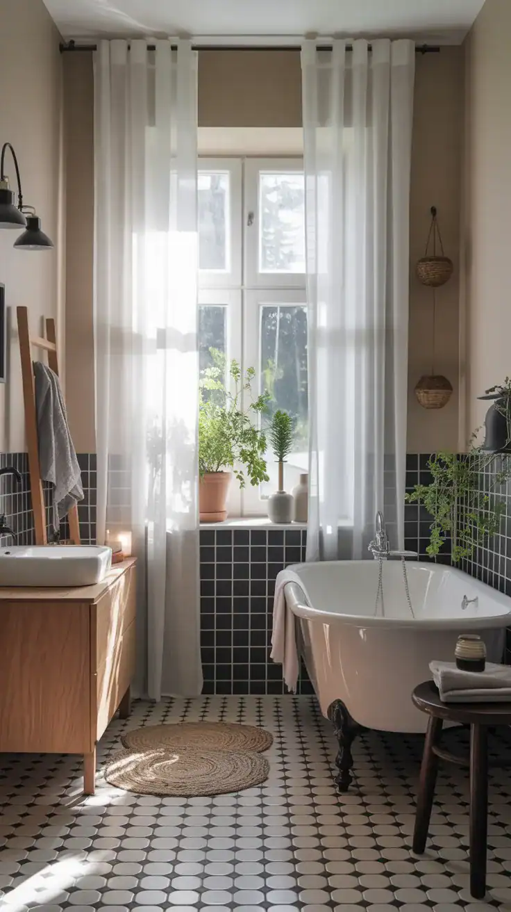 Scandinavian bathroom with sheer white curtains filtering natural light through window