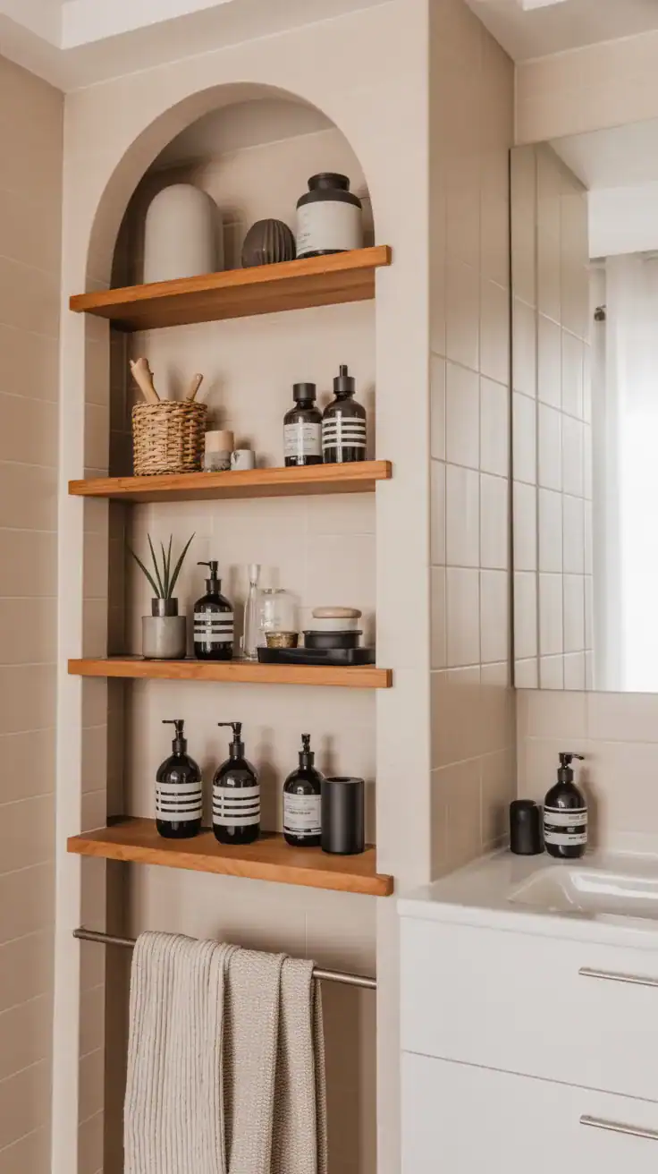 Scandinavian bathroom with minimalist open shelving displaying neatly organized items