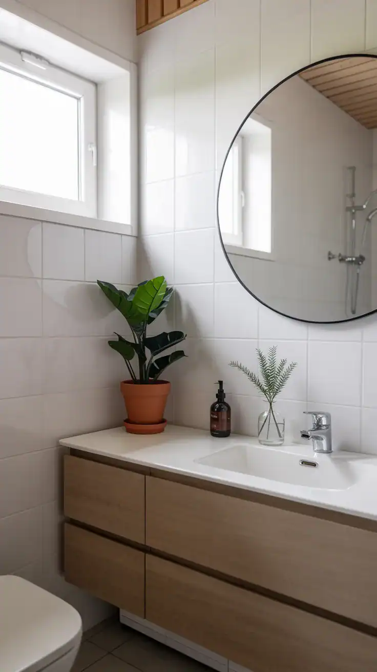 Scandinavian bathroom ideas featuring small potted plant bringing organic element to minimal space