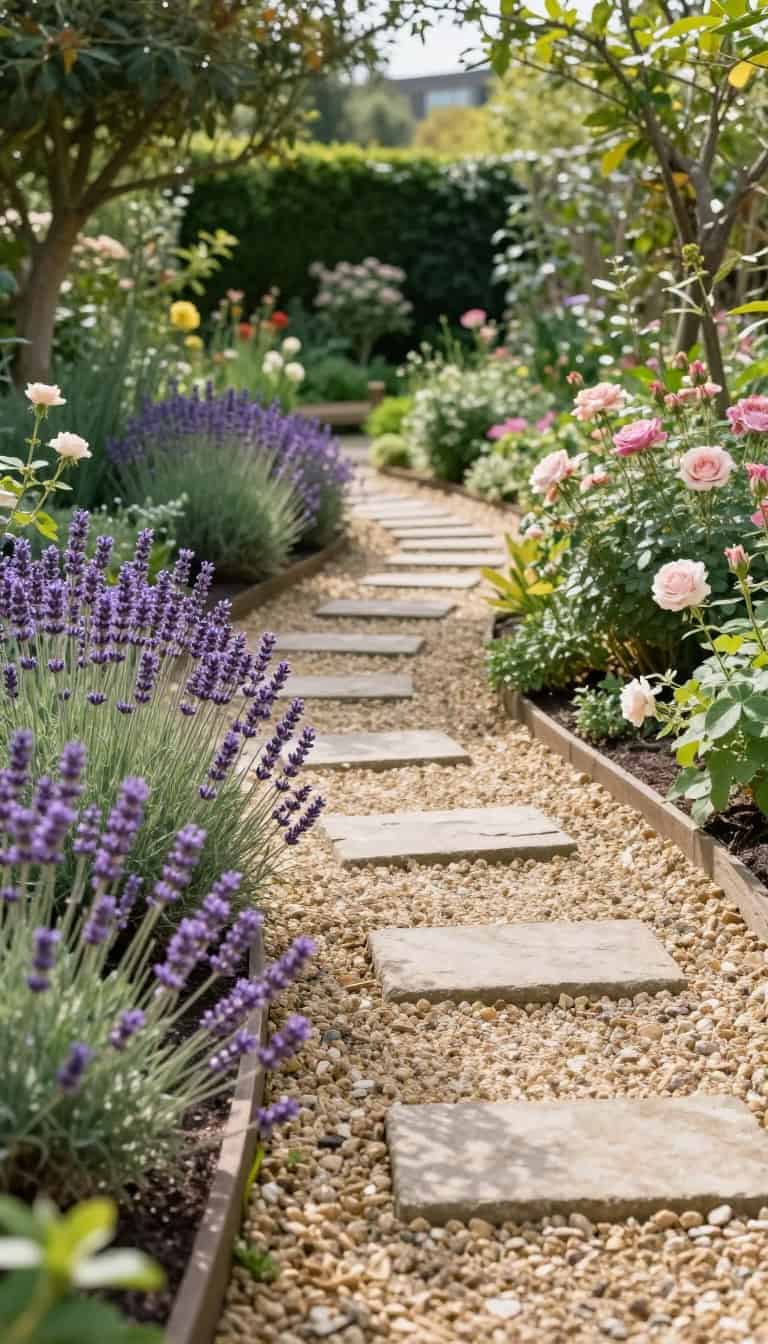 Winding gravel path through cottagecore garden with plants spilling over edges
