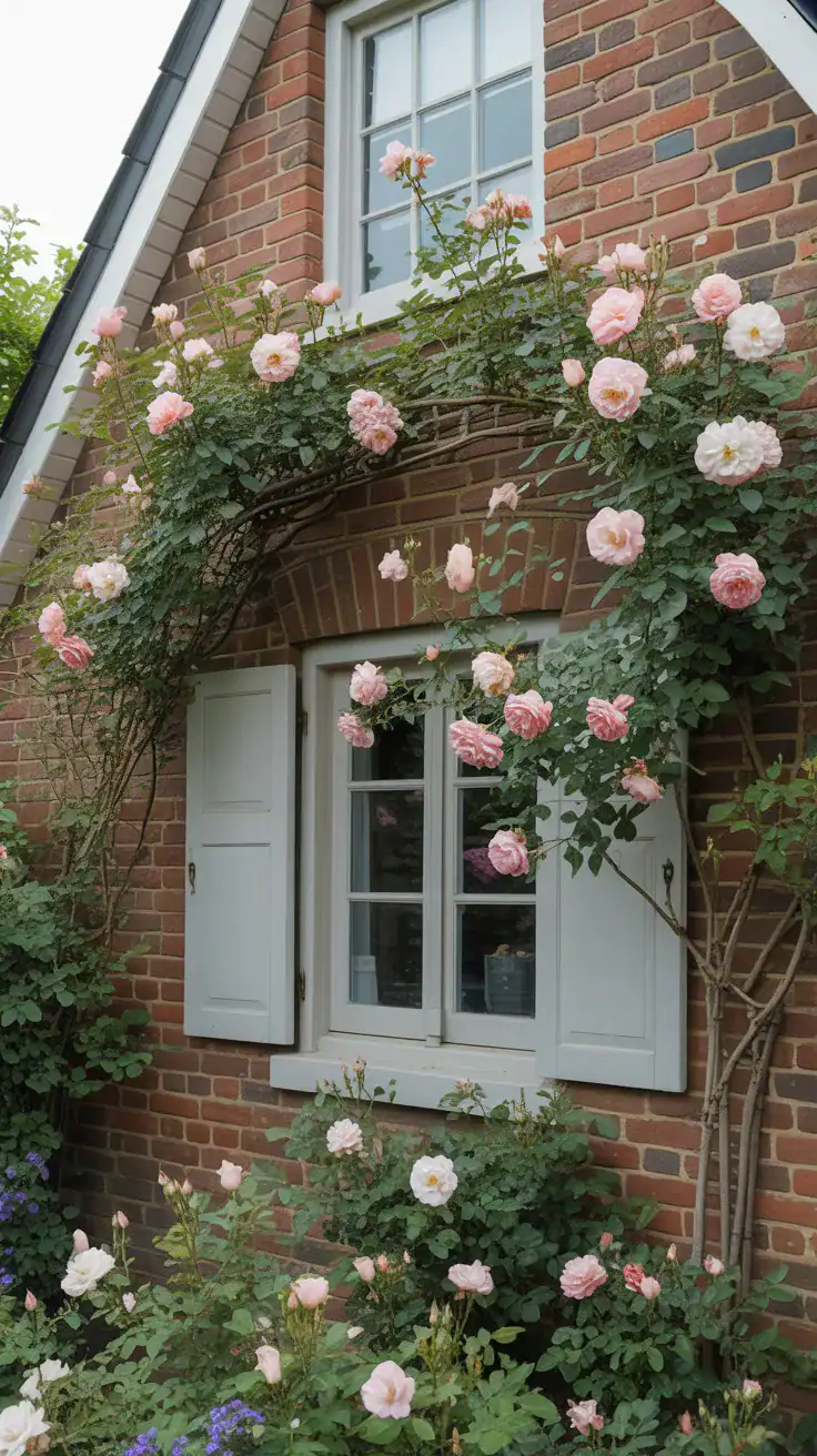 Cottage garden house ideas featuring climbing roses around white window frames