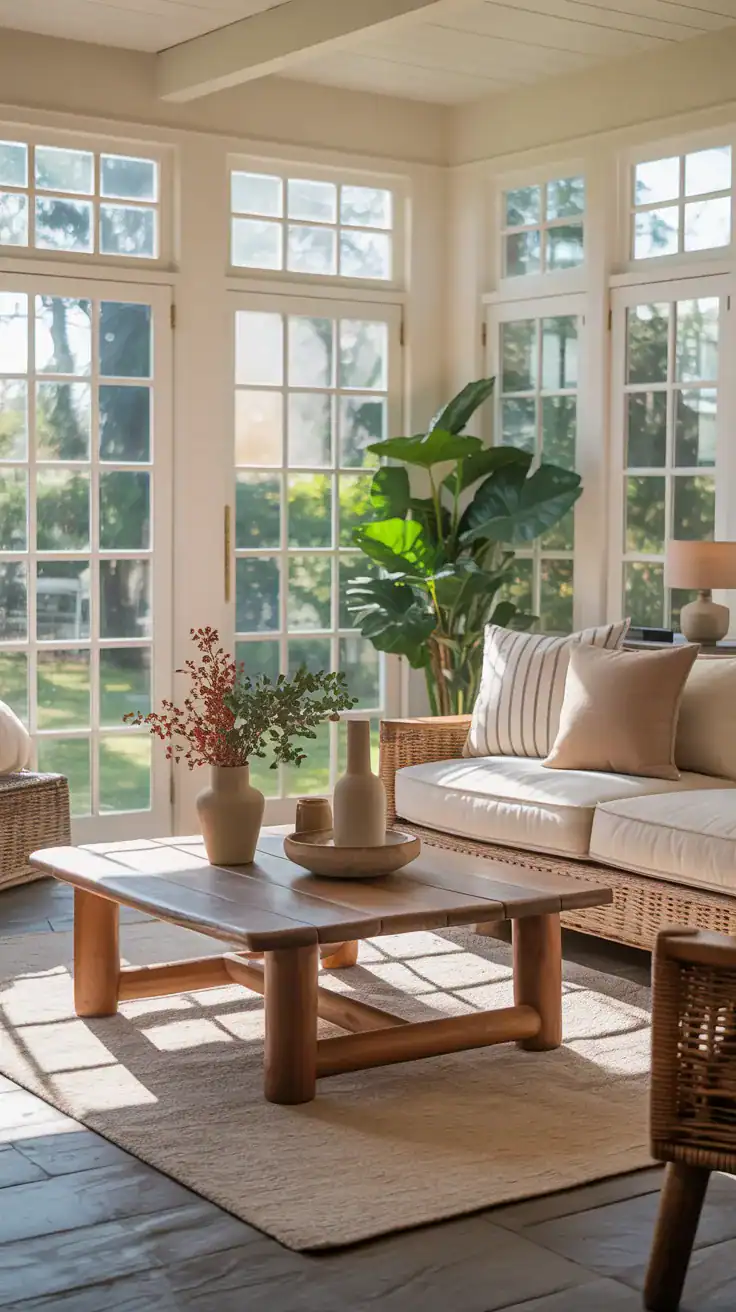 Sunroom seating area centered around wooden coffee table with decorative styling
