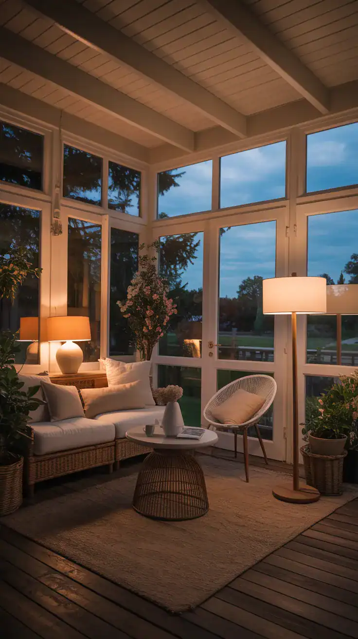 Evening sunroom with warm table lamps and floor lamps creating cozy ambiance