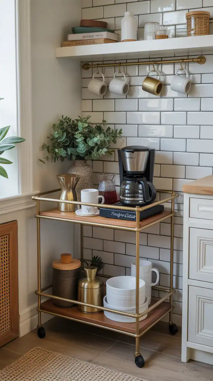 Small bar cart coffee station positioned in kitchen corner with mugs and accessories