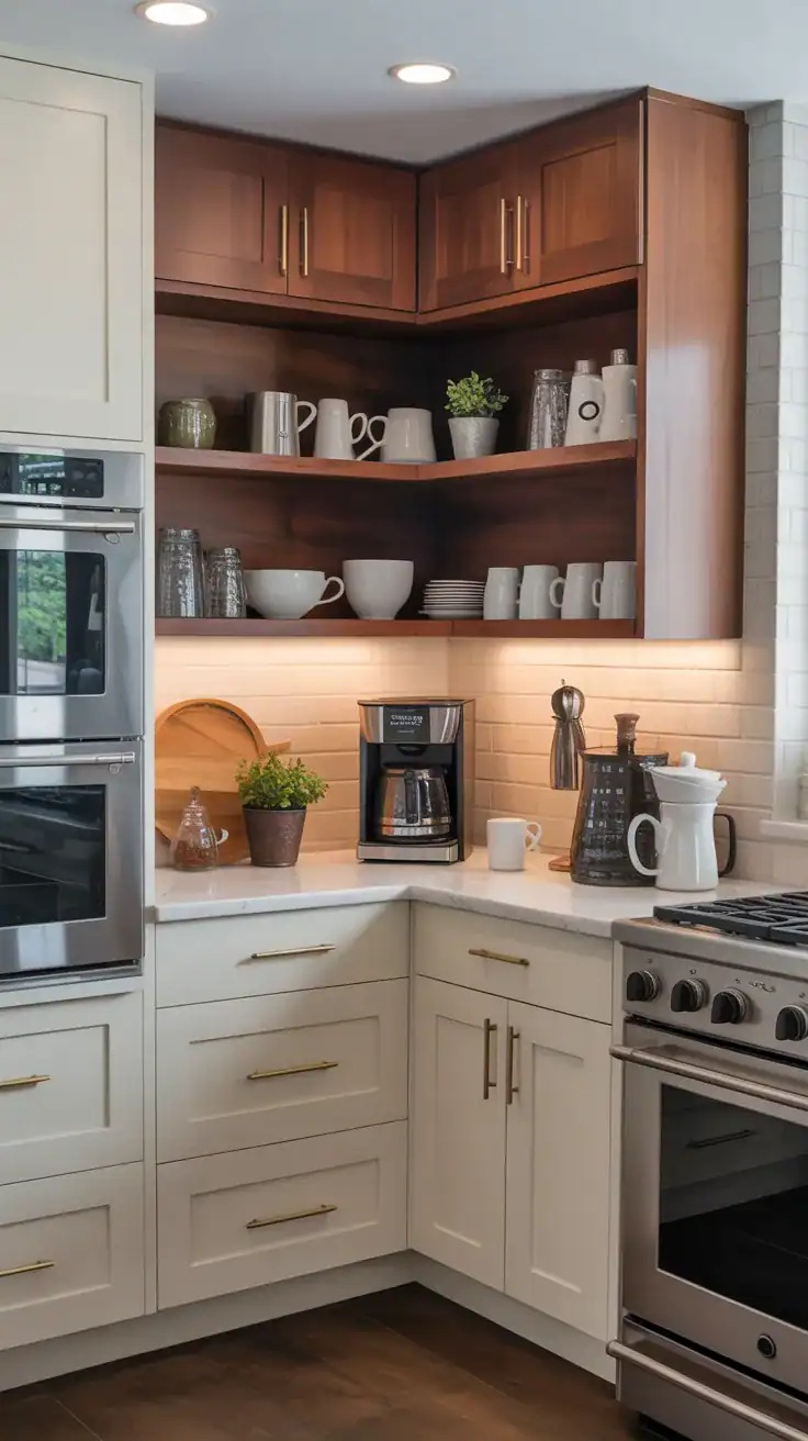 Corner cabinet coffee bar with hidden storage and styled surface