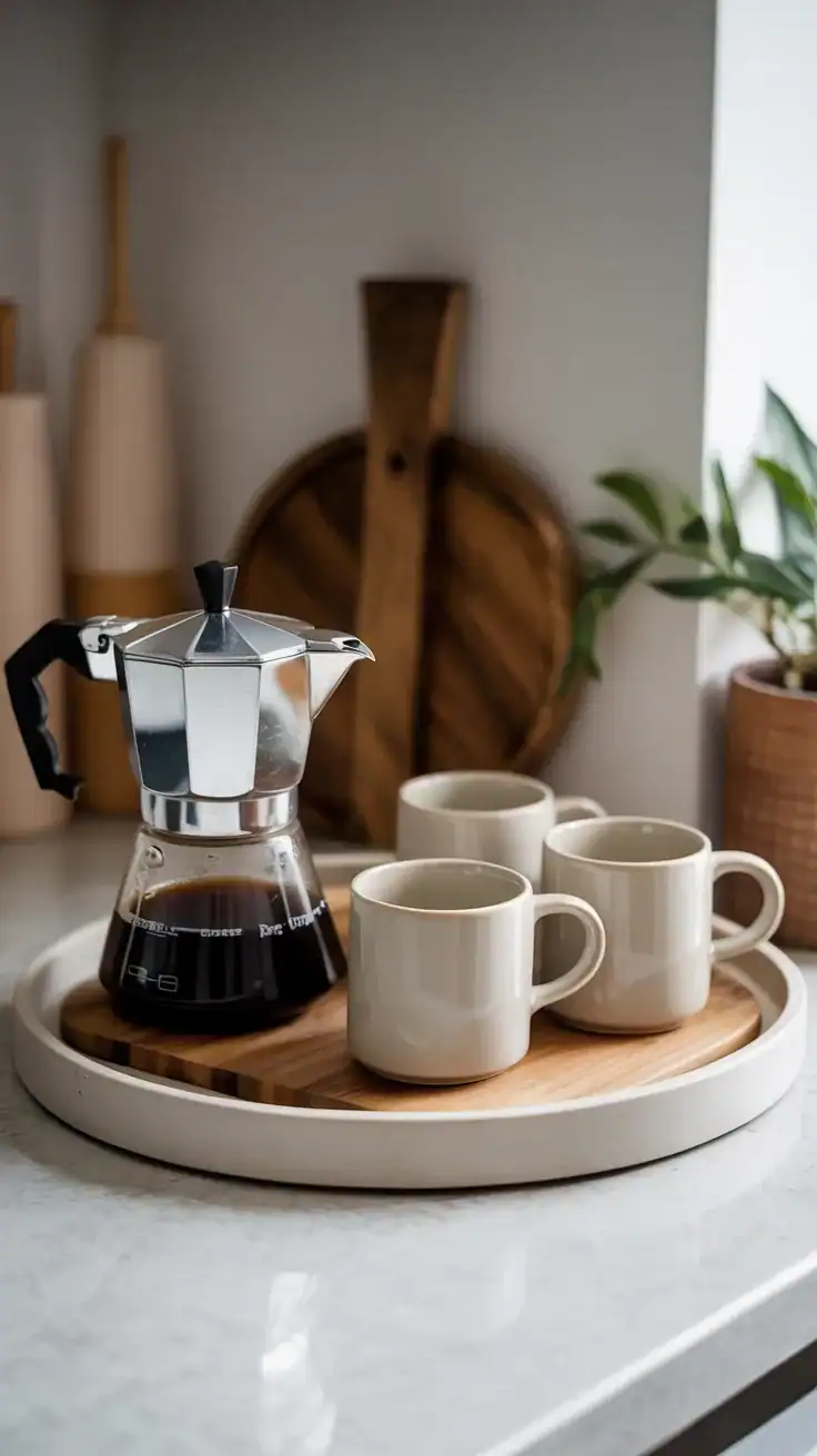 neutral ceramic coffee bar tray with soft tones displaying coffee maker and mugs