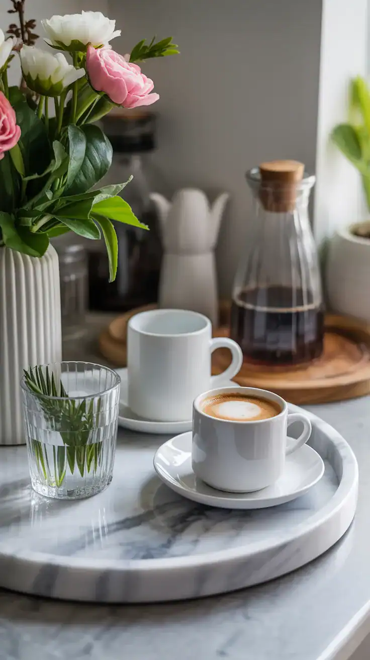 marble coffee bar tray creating polished elegant coffee station display