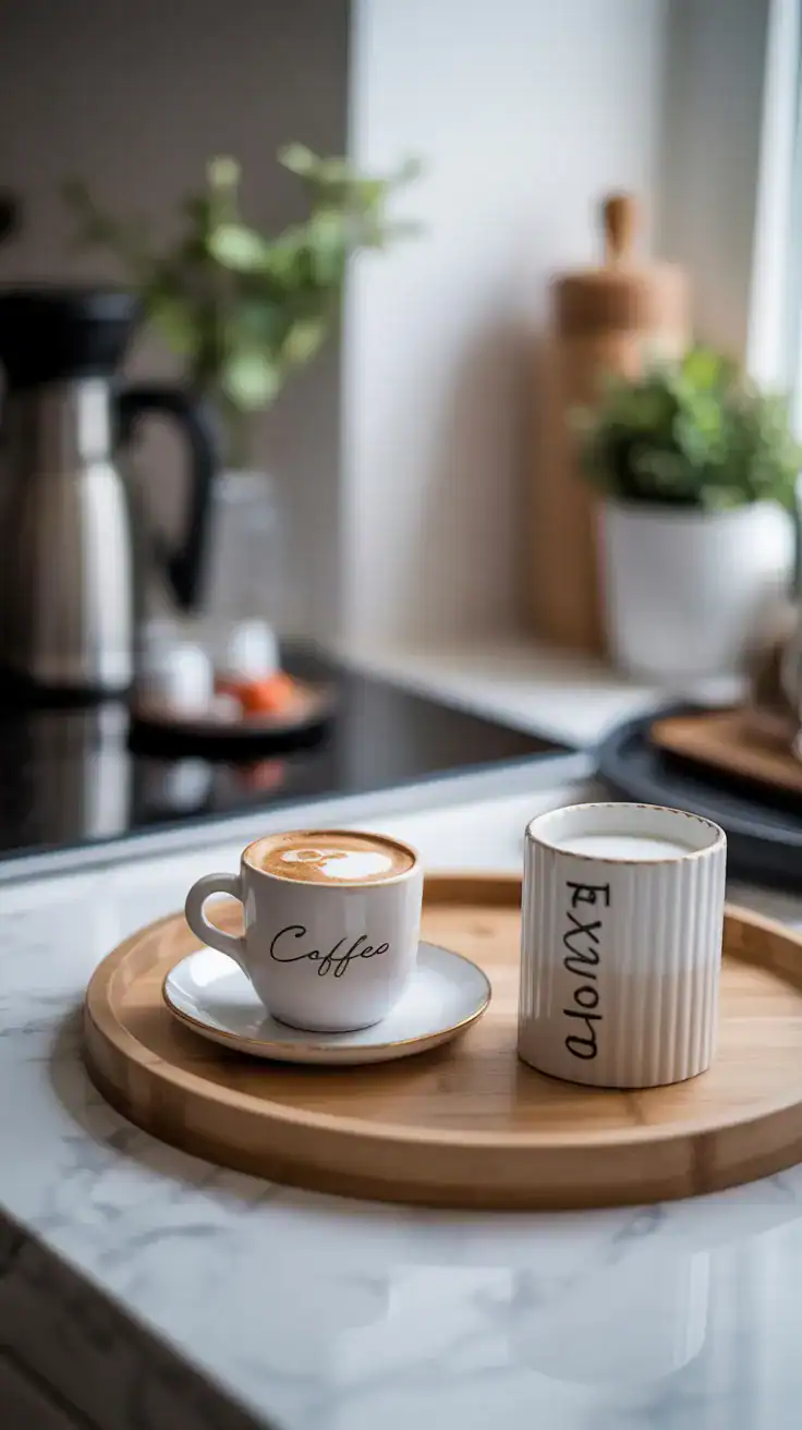 round coffee bar tray creating soft balanced look