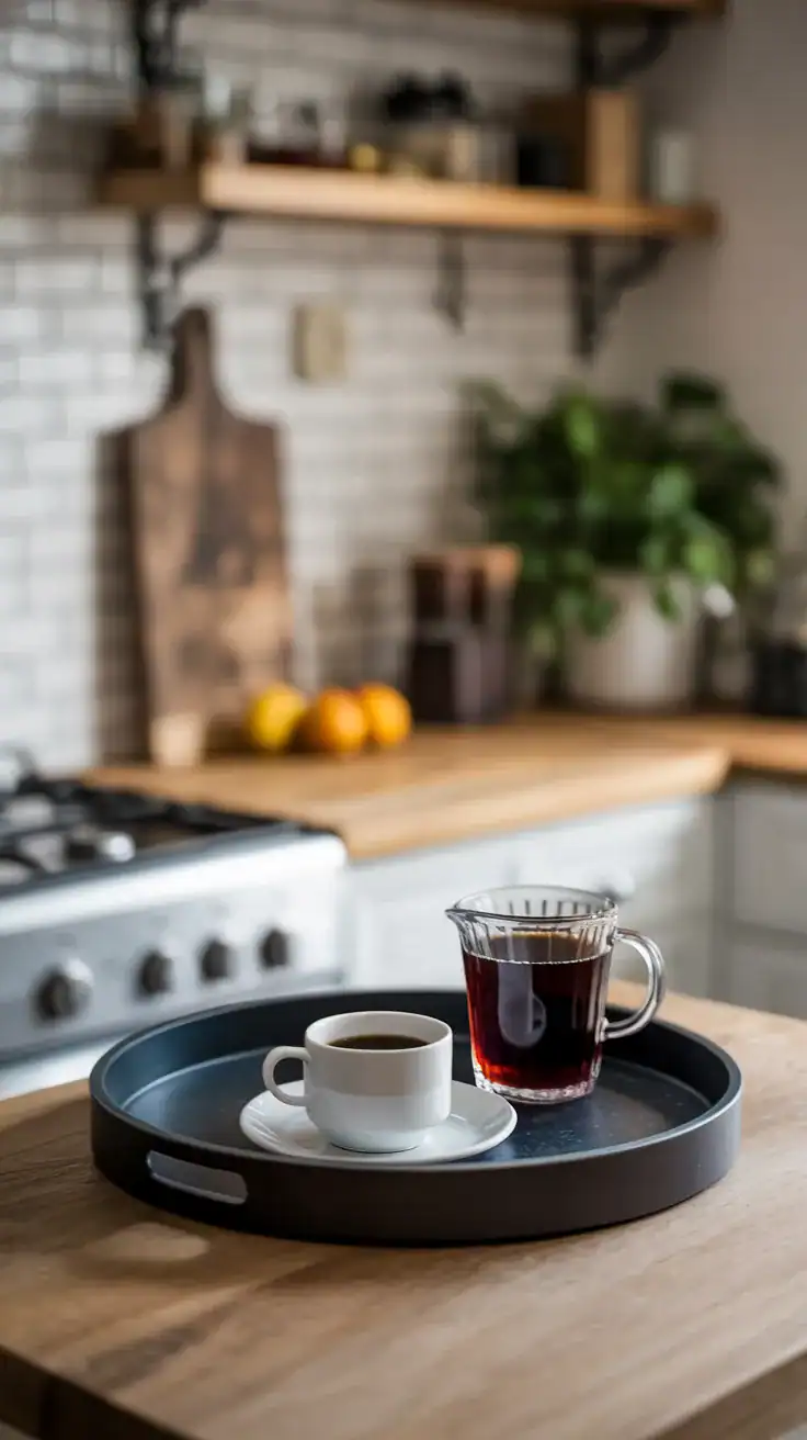 dark tray creating contrast in light kitchen