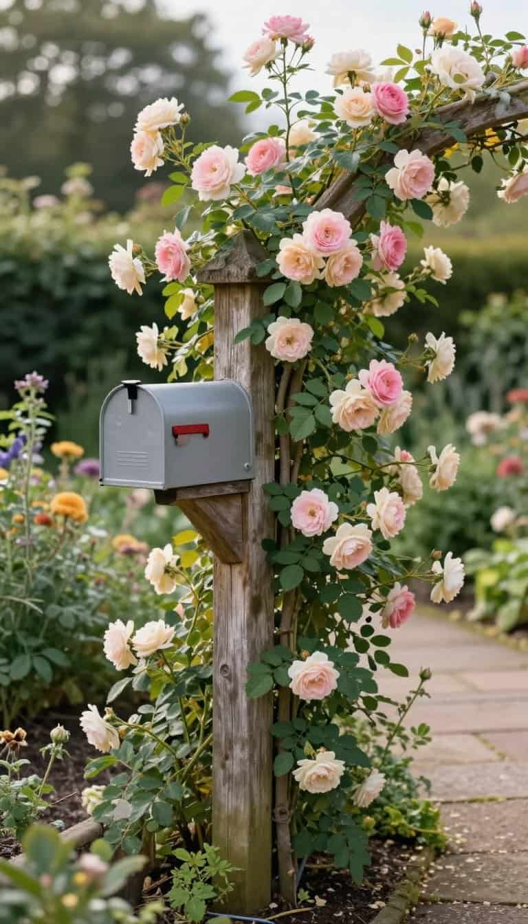 Cottage garden mailbox makeover with climbing roses around rustic wooden post