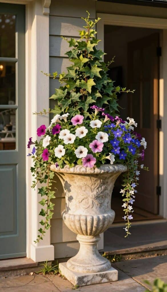 Large decorative urn planter with trailing plants creating vertical interest in cottage garden