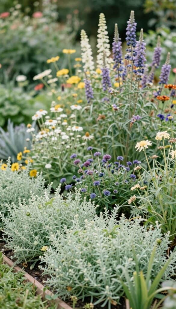 Layered cottage garden planting from ground covers to tall perennials creating depth