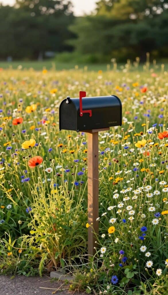 Mailbox garden surrounded by natural wildflower meadow planting