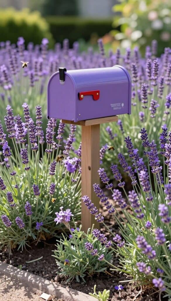 Mailbox garden with purple lavender border around mailbox post