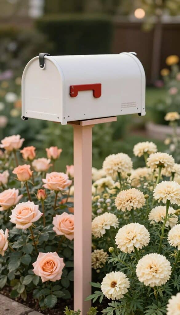 Mailbox garden with soft peach and cream colored flowers in cottage style