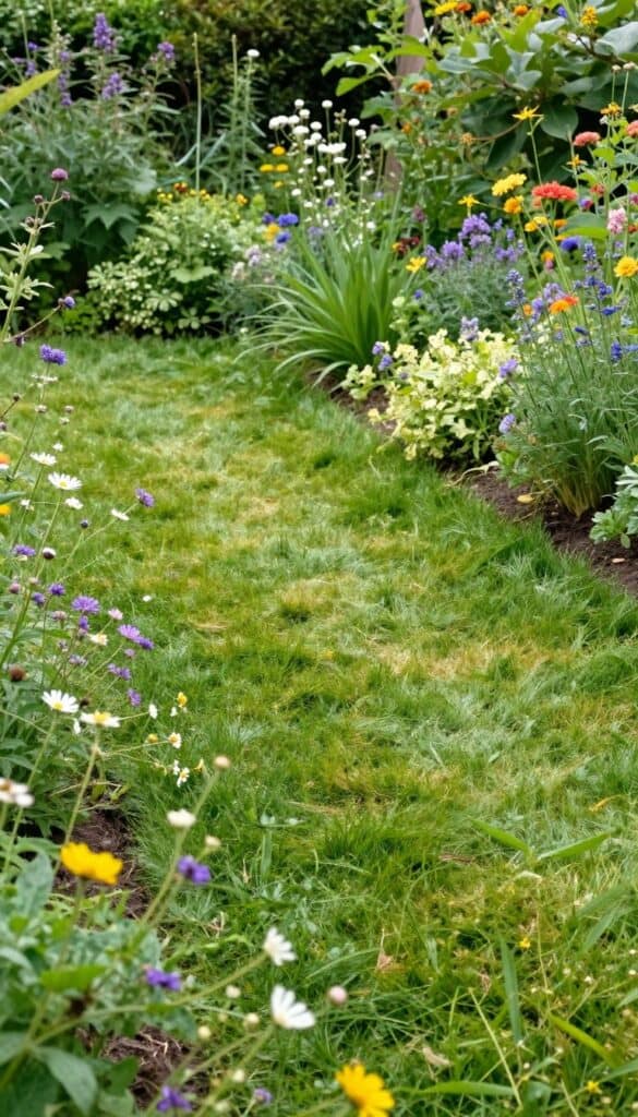 Natural lawn area with soft edges blending into cottage garden flower beds