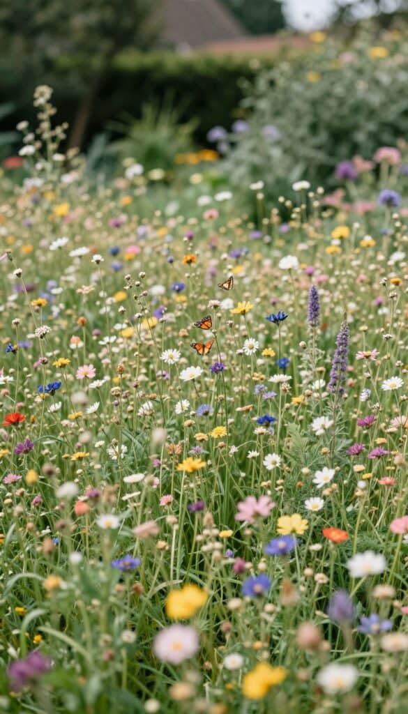 Natural wildflower meadow section in cottage garden with butterflies
